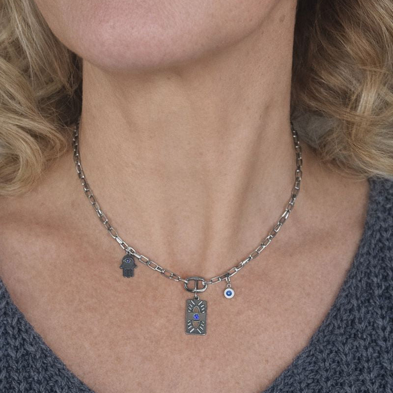 Collier Œil & Main de Fatma – Chaîne maillons acier inoxydable argenté