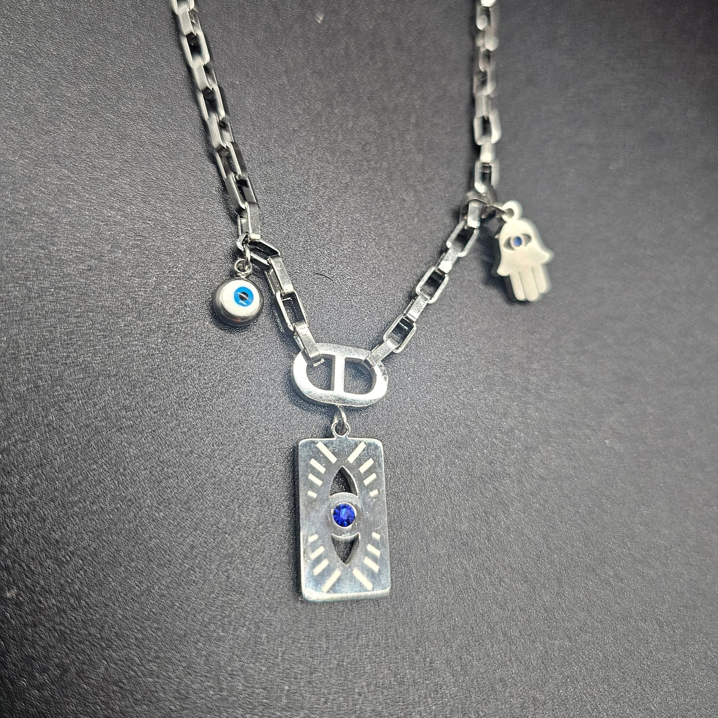 Collier Œil & Main de Fatma – Chaîne maillons acier inoxydable argenté