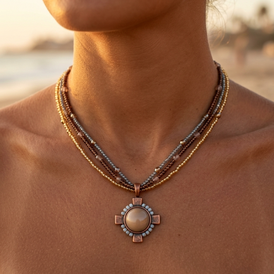 Triple strand gold necklace with faceted beads, enamel medallion & crystal rhinestones