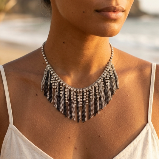 Stainless steel silver-plated bib necklace with rhinestones and black metal chains