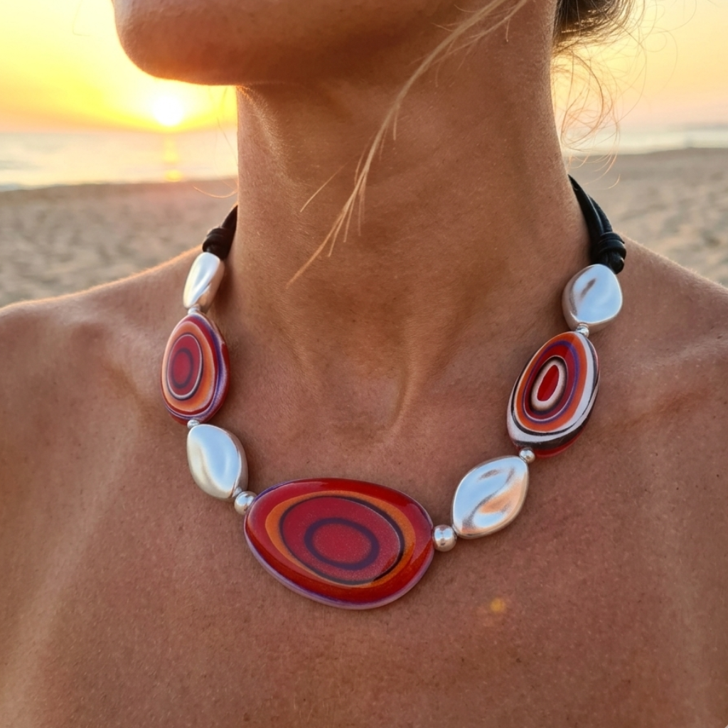 Vintage red bib necklace – Double ochre cotton cord and metallic resin pebbles