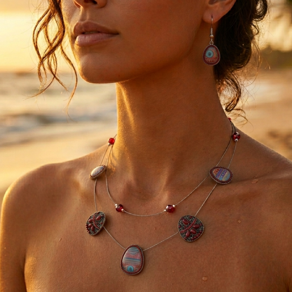 Necklace and earrings set, geometric pieces, metal, enamel, decorated reconstructed stone, faceted beads, crystal chips