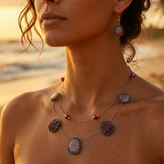 Parure collier boucles d'oreilles pièces géométriques métal émail décoré pierre reconstituée perles à facettes éclats de cristal