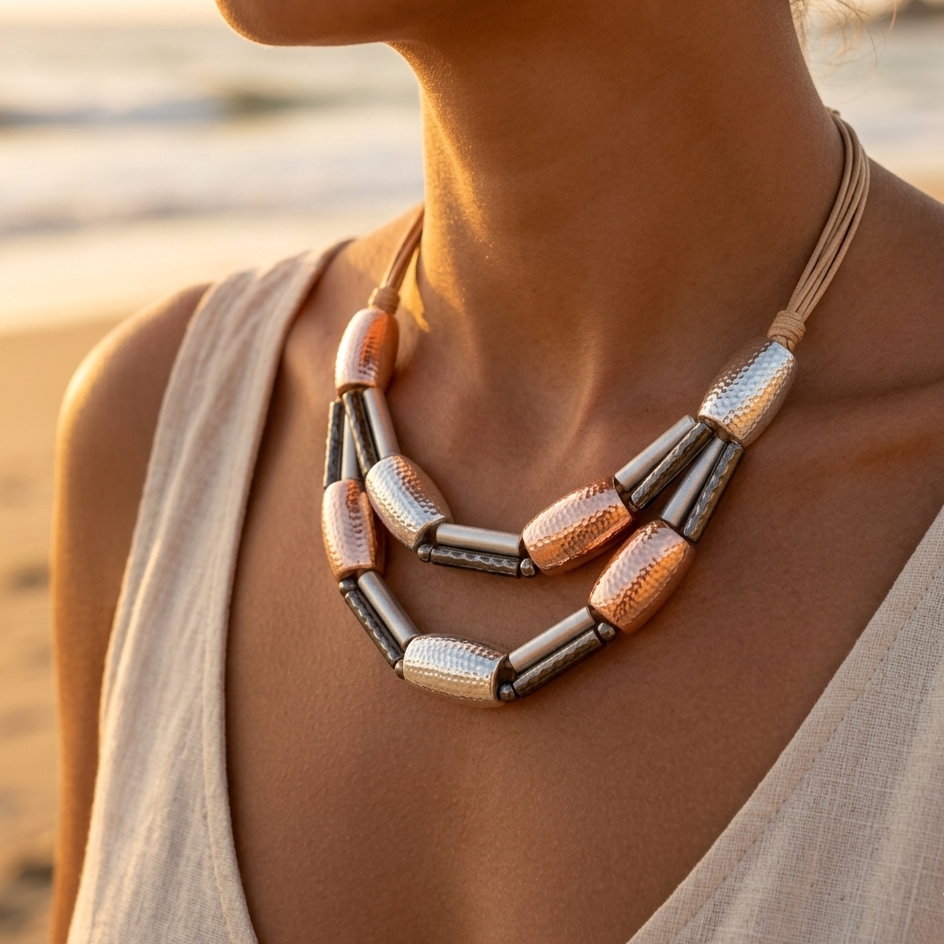 Double-strand necklace with multi-cord waxed cotton & hammered gold and silver metal half-tubes