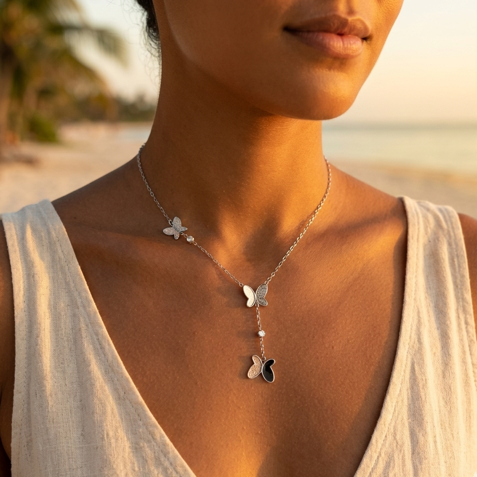 Stainless steel gold or silver long necklace – twisted mother-of-pearl butterfly pendant
