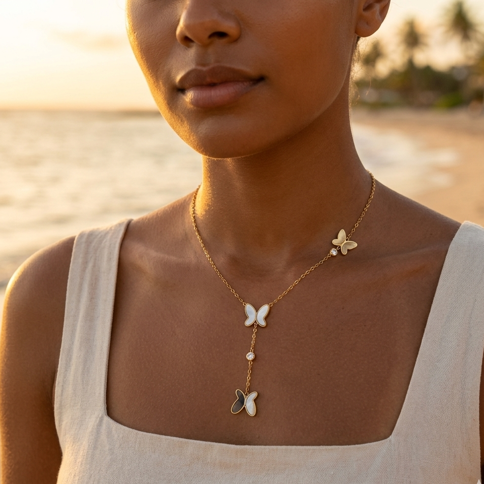 Stainless steel gold or silver long necklace – twisted mother-of-pearl butterfly pendant