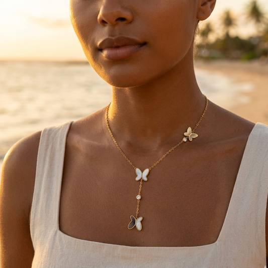 Stainless steel gold or silver long necklace – twisted mother-of-pearl butterfly pendant