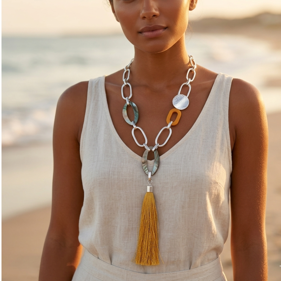 Long necklace, gold-plated stainless steel, snake chain, metal rings, mother-of-pearl, wood, yellow tassel