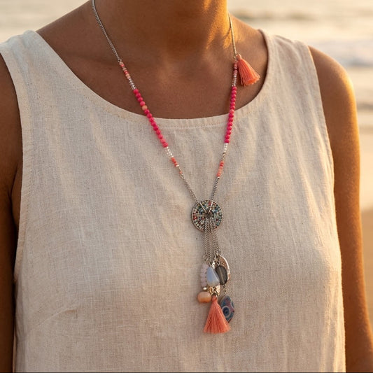 Silver-plated long necklace with delicate chain, tassel pendant and colorful beads – Reconstituted stone and fancy beads