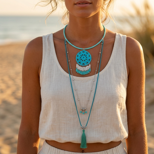 Bali Sky Blue & Gold Long Necklace – Turquoise Beads, Metal Beads & Tassel**