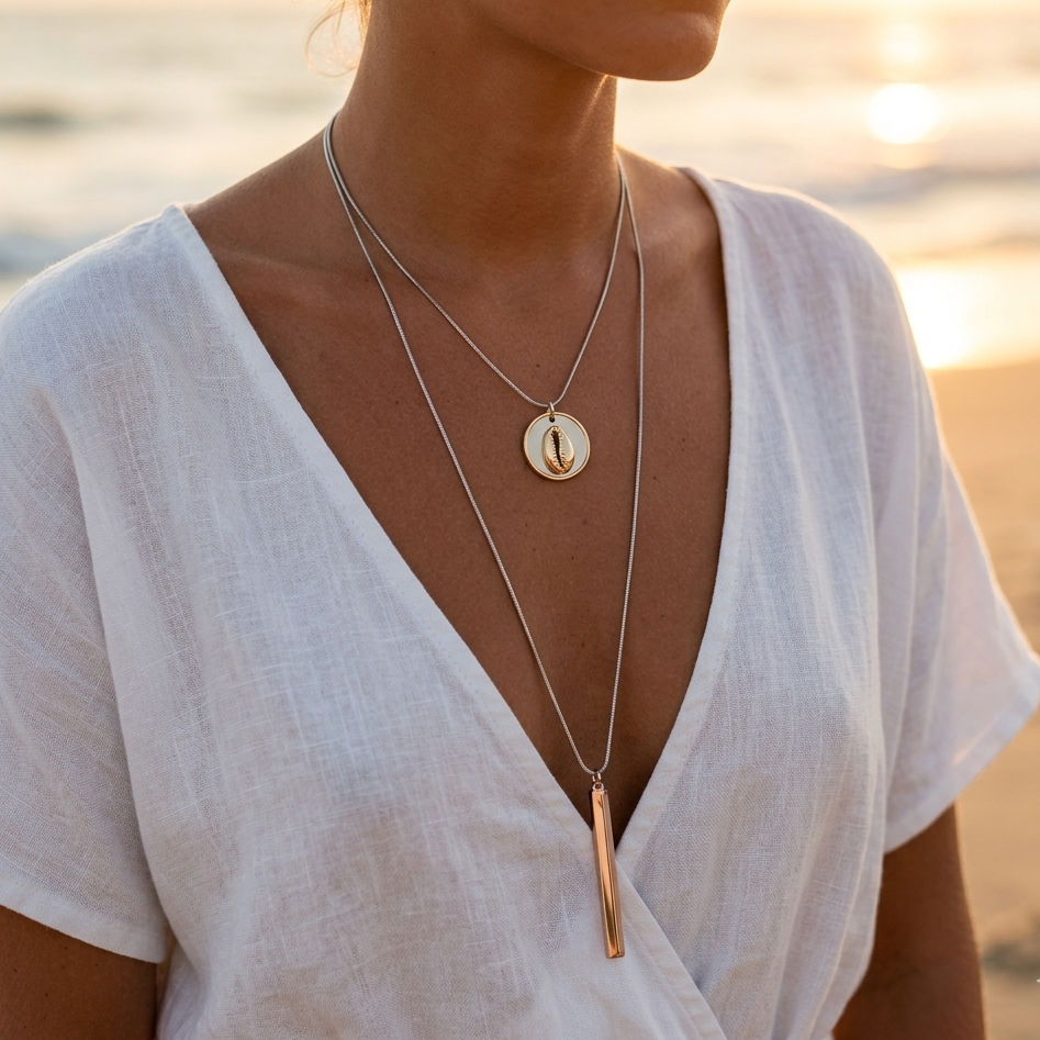 Silver-plated double snake chain necklace – round mother-of-pearl shell pendant