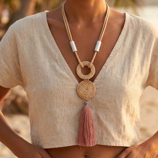 Double strand ivory waxed cotton long necklace with silver-plated tubes, braided rattan pendant and tassel