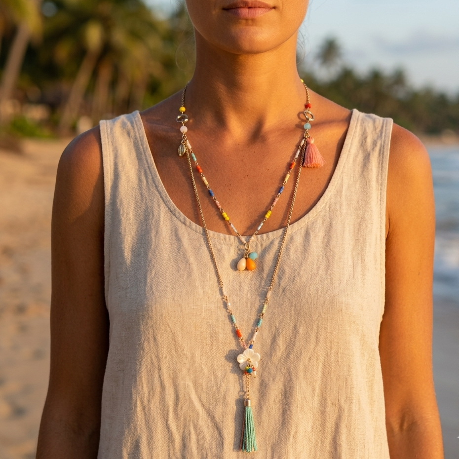 Gold-plated steel double-strand long necklace with curb chains and fancy beads