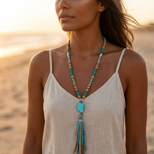 Fancy long necklace with wooden beads, metal, round beads, washers, suede-effect tassel pompoms