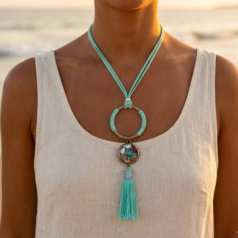 Silver-plated metal long necklace with a mesh tube chain and Buddha pendant