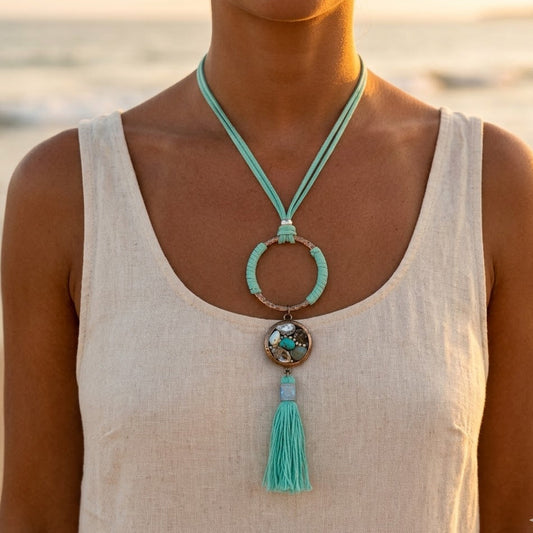 Silver-plated metal long necklace with a mesh tube chain and Buddha pendant