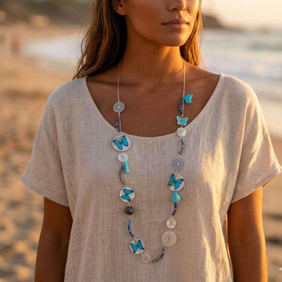 Blue multi-strand sautoir necklace – Mother-of-pearl, silver butterfly & tassels
