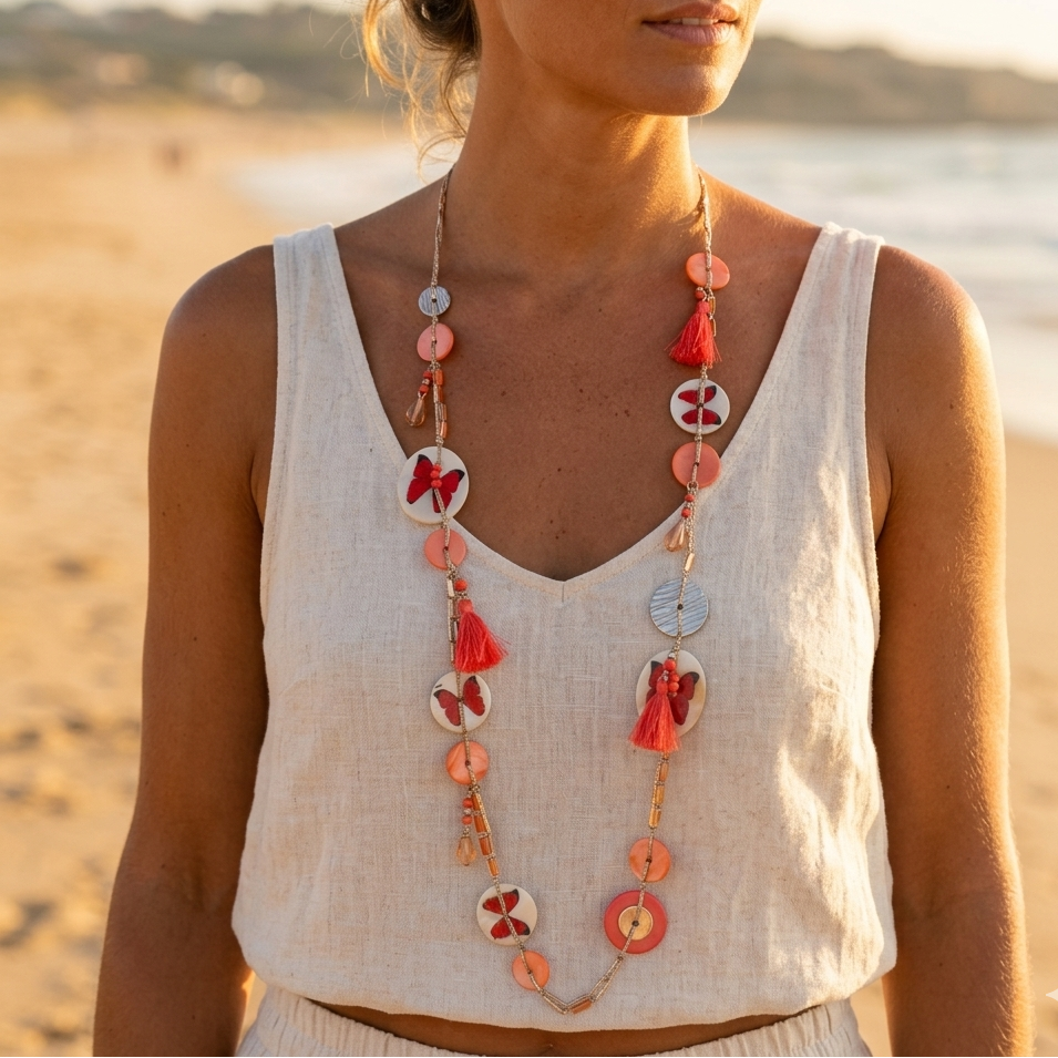 Pink multi-strand long necklace – Mother-of-pearl, silver butterfly & tassels