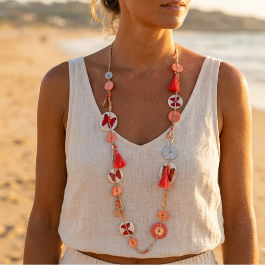 Pink multi-strand long necklace – Mother-of-pearl, silver butterfly & tassels