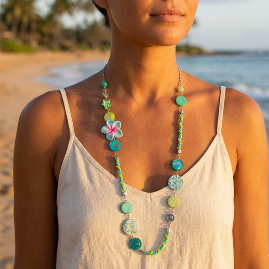Long necklace, double silver-plated chain with seed beads, mother-of-pearl, flowers & tiaras