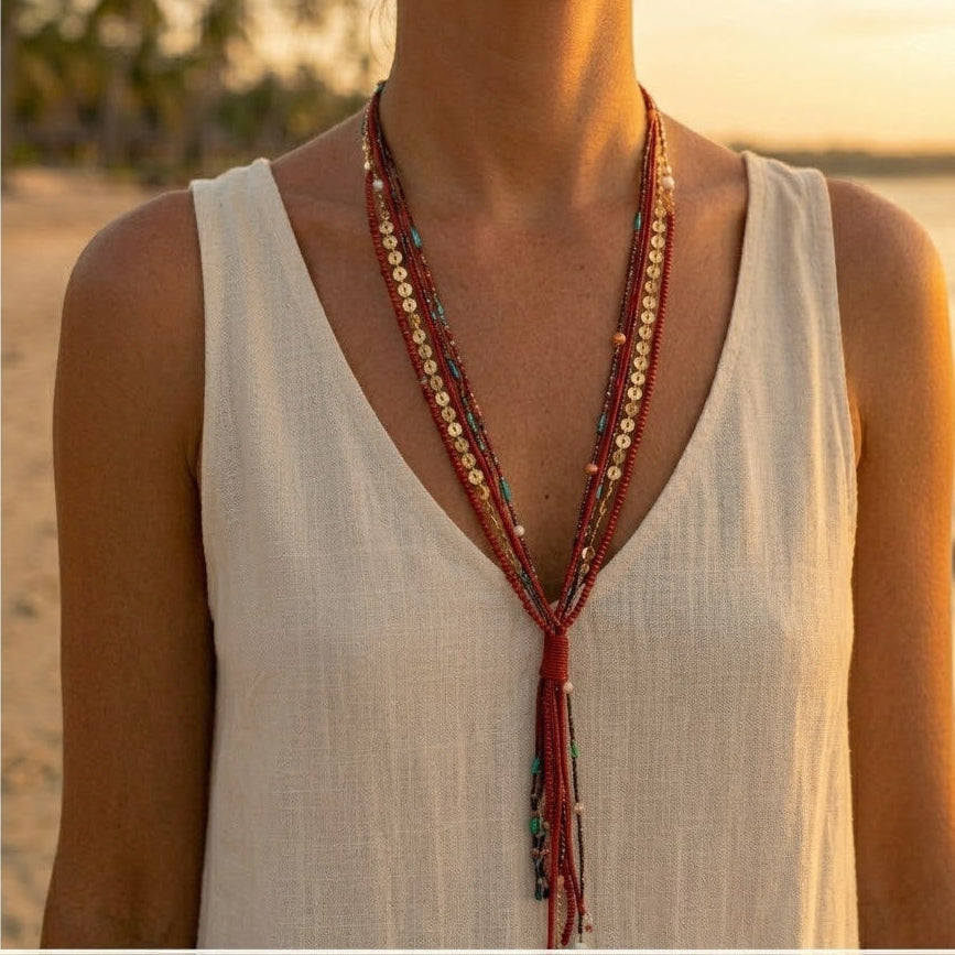 Red multi-strand long necklace – Metallic threads and crystal beads