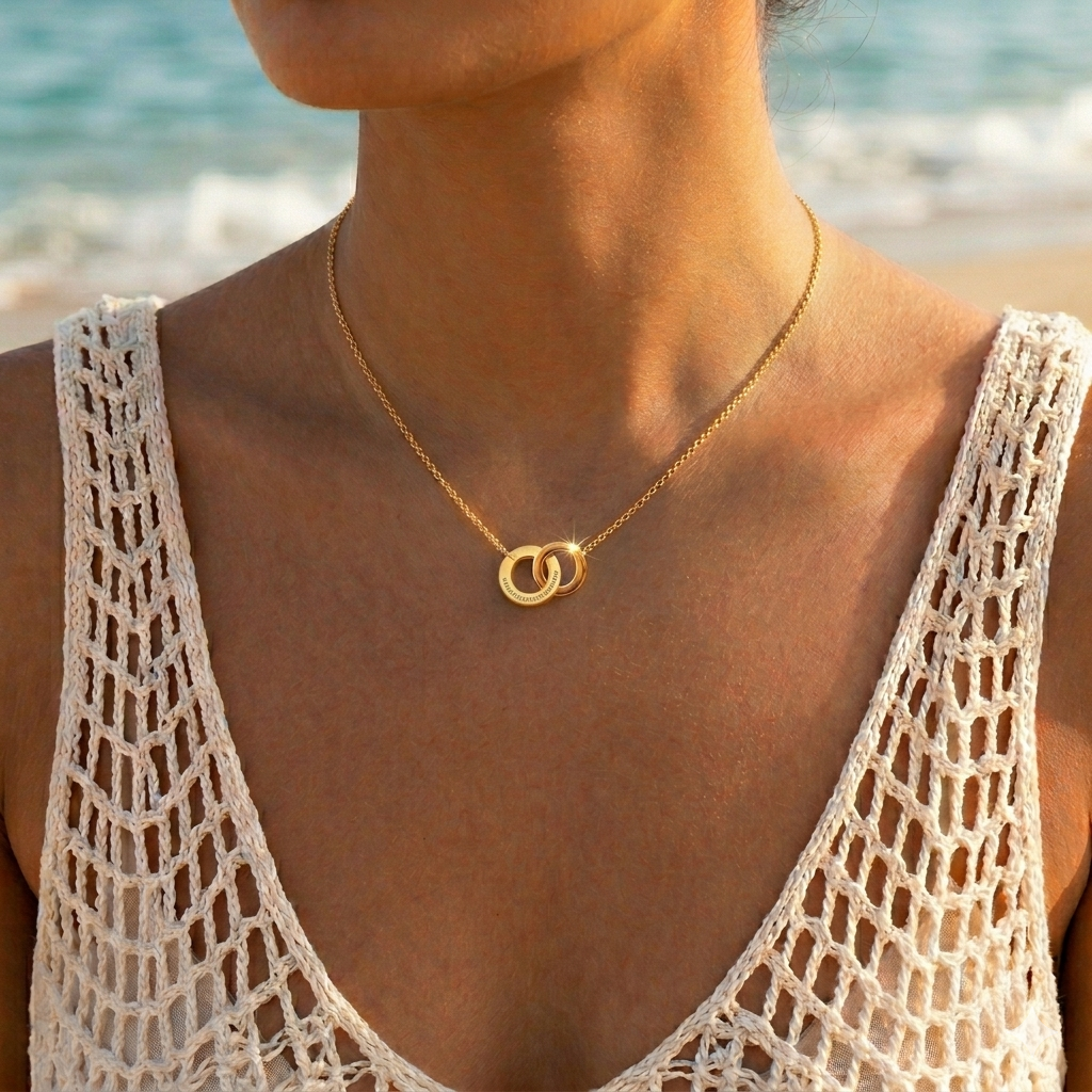 "You & Me" Necklace – Gold Plated – Hammered Stainless Steel Double Pendant