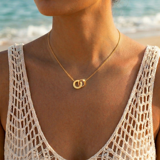 "You & Me" Necklace – Gold Plated – Hammered Stainless Steel Double Pendant