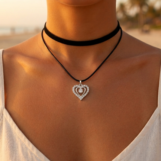Collier tour de cou simili cuir noir double cœur strass – style romantique et chic
