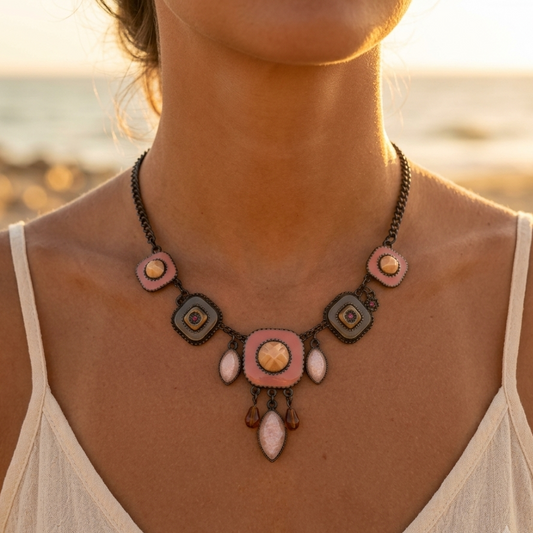 Collier contemporain émaillé noir et vieux rose – Look moderne et audacieux