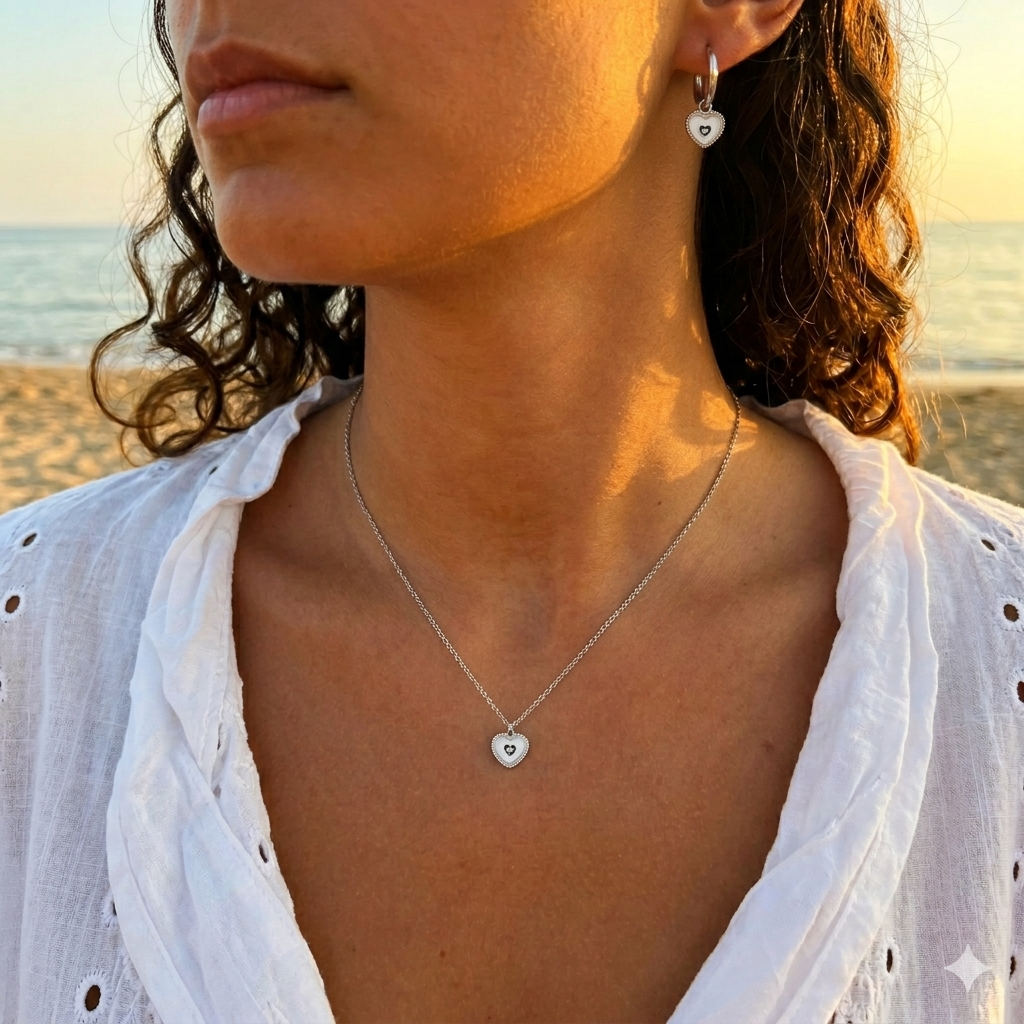 Coffret Cœur Argenté – Collier et Boucles en Acier Inoxydable