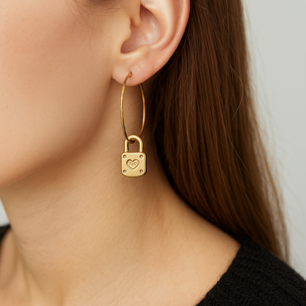 Créoles dorées en acier inoxydable – Pampille cadenas cœur