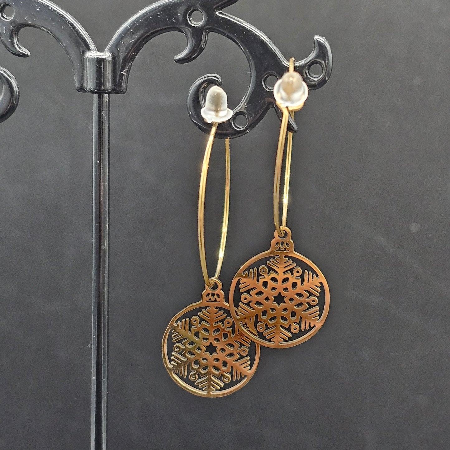 Gold hoop earrings - Filigree snowflake dangle in stainless steel