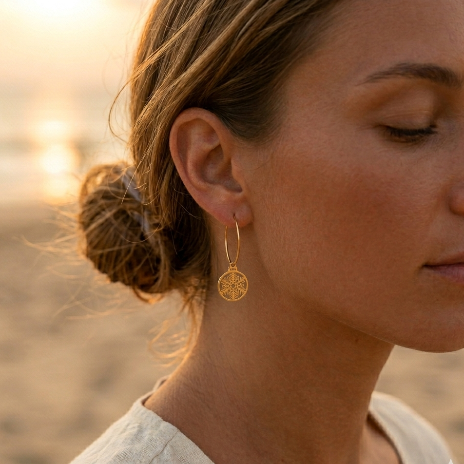 Gold hoop earrings - Filigree snowflake dangle in stainless steel