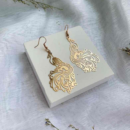 'Boucles pendantes motif paon – acier inoxydable doré ou argenté