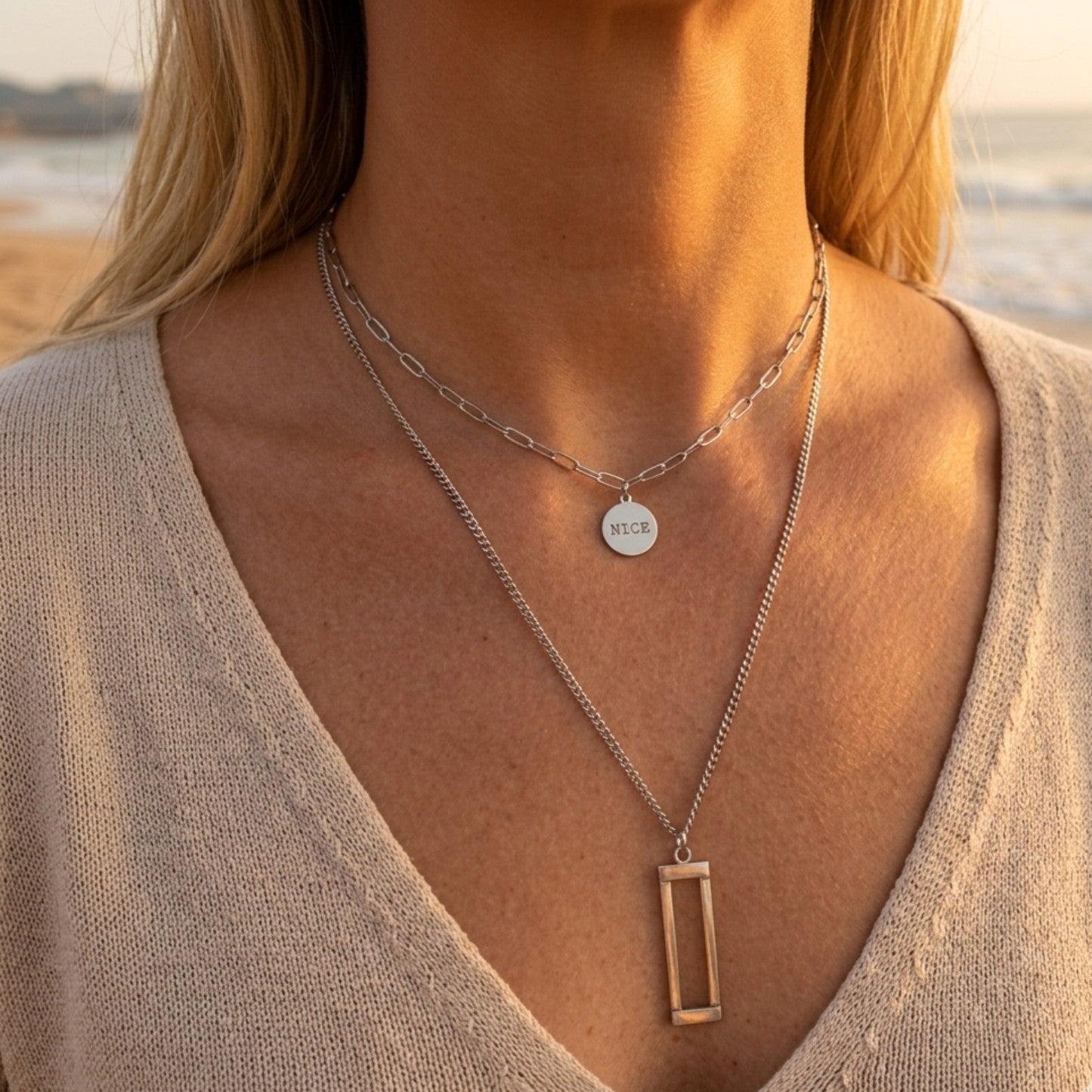 Collier double rang argent – Médaille NICE & pendentif rectangle