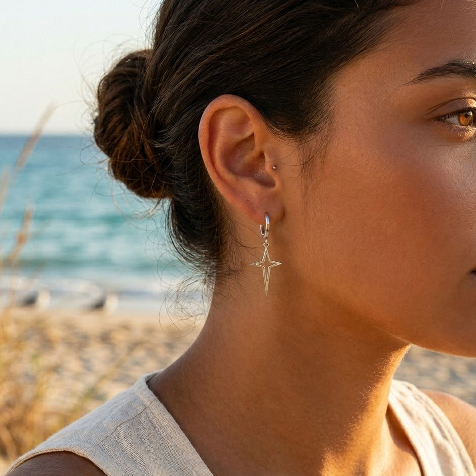 Silver Star Creole Hoop Earrings – Drop, stainless steel