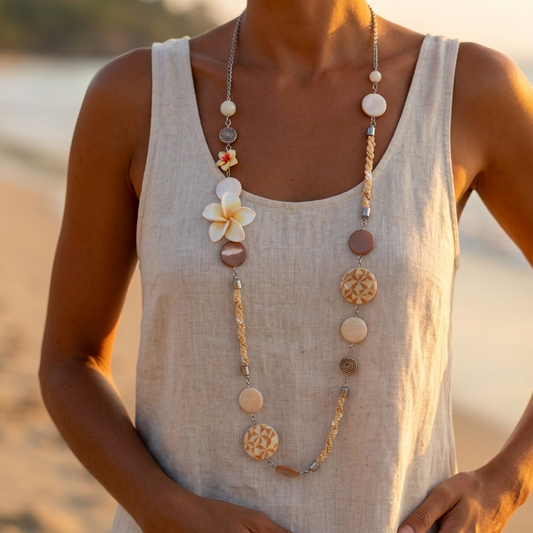 Long necklace & earrings set – Silver-plated double chain, mother-of-pearl beads & flowers