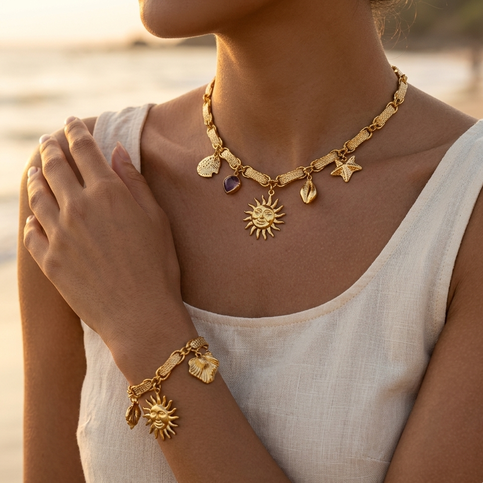 Gold necklace and bracelet set – stainless steel and sun charms