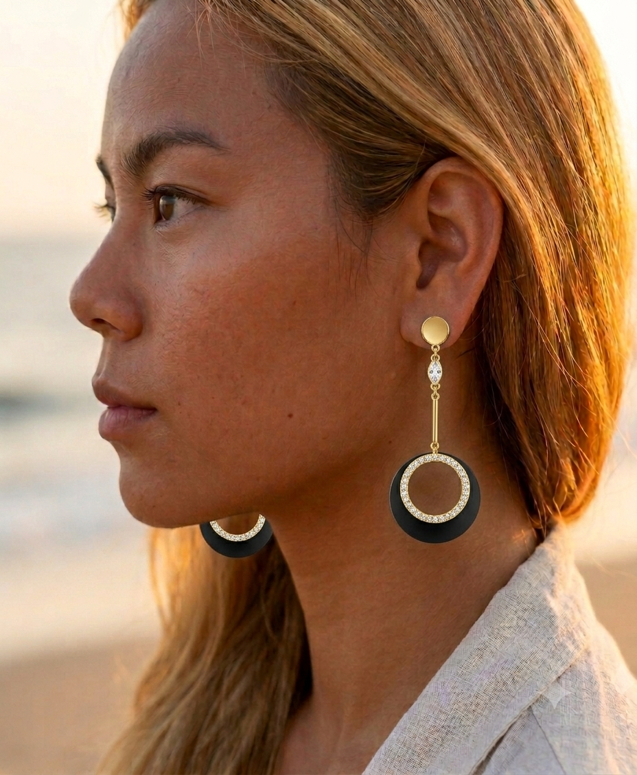 Boucles pendantes pierre lune & anneau – acier inoxydable doré