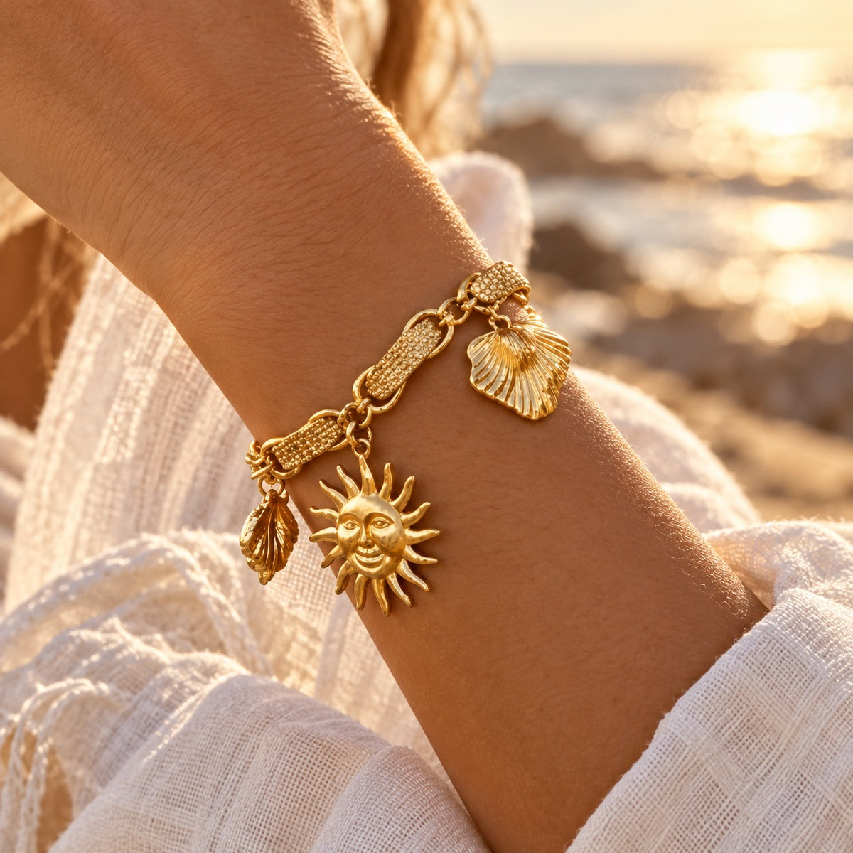 Gold necklace and bracelet set – stainless steel and sun charms