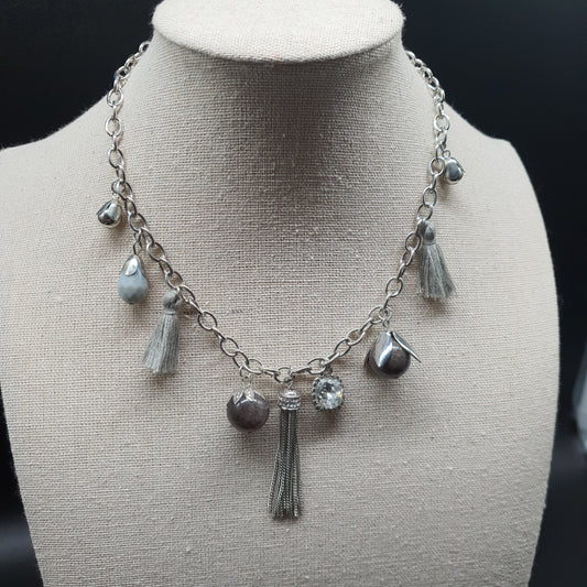 Collier acier inoxydable argenté pendentif pompon métal boules perles à facettes