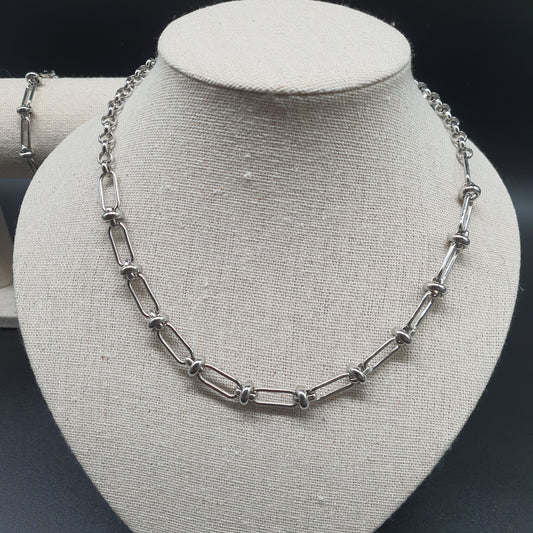 Collier acier inoxydable argenté – maille rectangle et forçat combinées