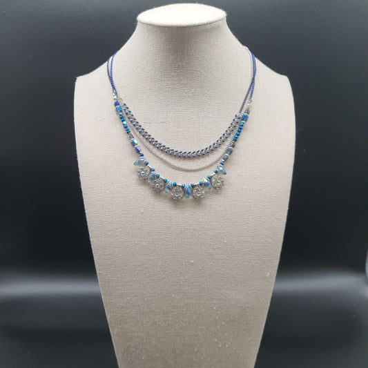 Collier réglable acier inoxydable doré émail bleu – chaîne maille grain de café et perles