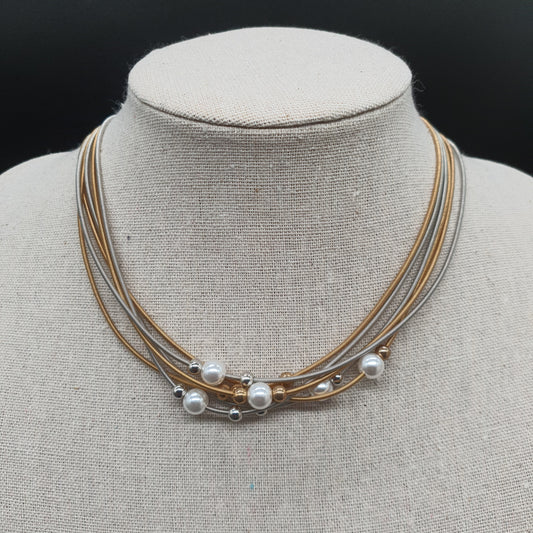 Collier multi-rangs perles nacrées acier argenté et doré