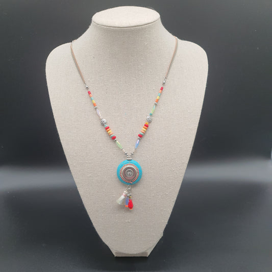 Collier sautoir cordon perles fantaisie et pièce marbrée – Bijou original coloré