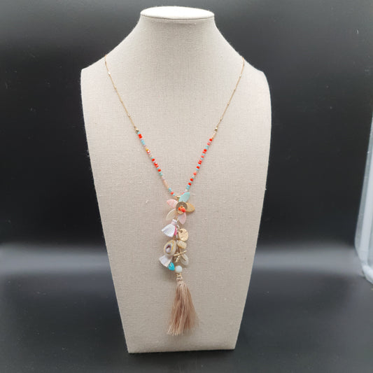 Collier sautoir doré acier inoxydable détails émaillés motif libellule perles de verre – Chaîne maille satellite