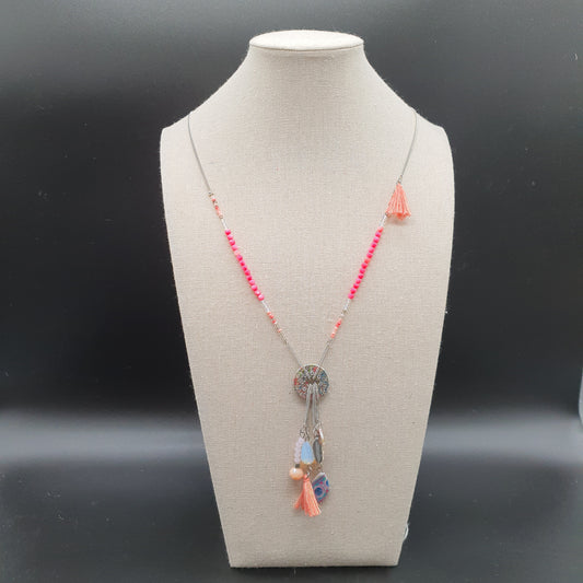 Collier sautoir argenté chaîne fine avec pompon tassel et perles colorées – Pierre reconstituée et perles fantaisie