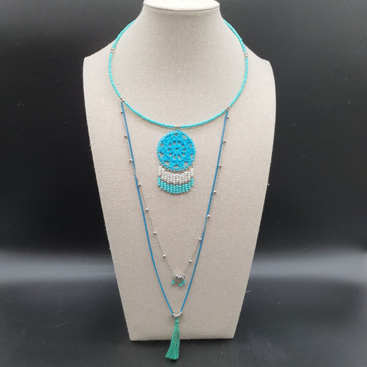 Collier sautoir bohème tour de cou cable perles turquoise billes métal argenté attrape-rêve crochet perles chaîne fine maille forçat billes pierre reconstituée maille gourmette colorée pompon tassel