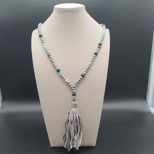 Collier sautoir perles bois et pierres reconstituées pampille tassel