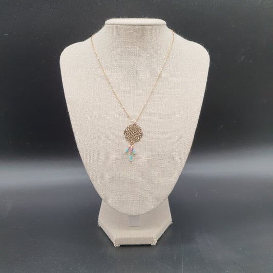 Collier acier inoxydable doré chaîne maille forçat pendentif médaillon filigrane doré chaînettes perles colorées